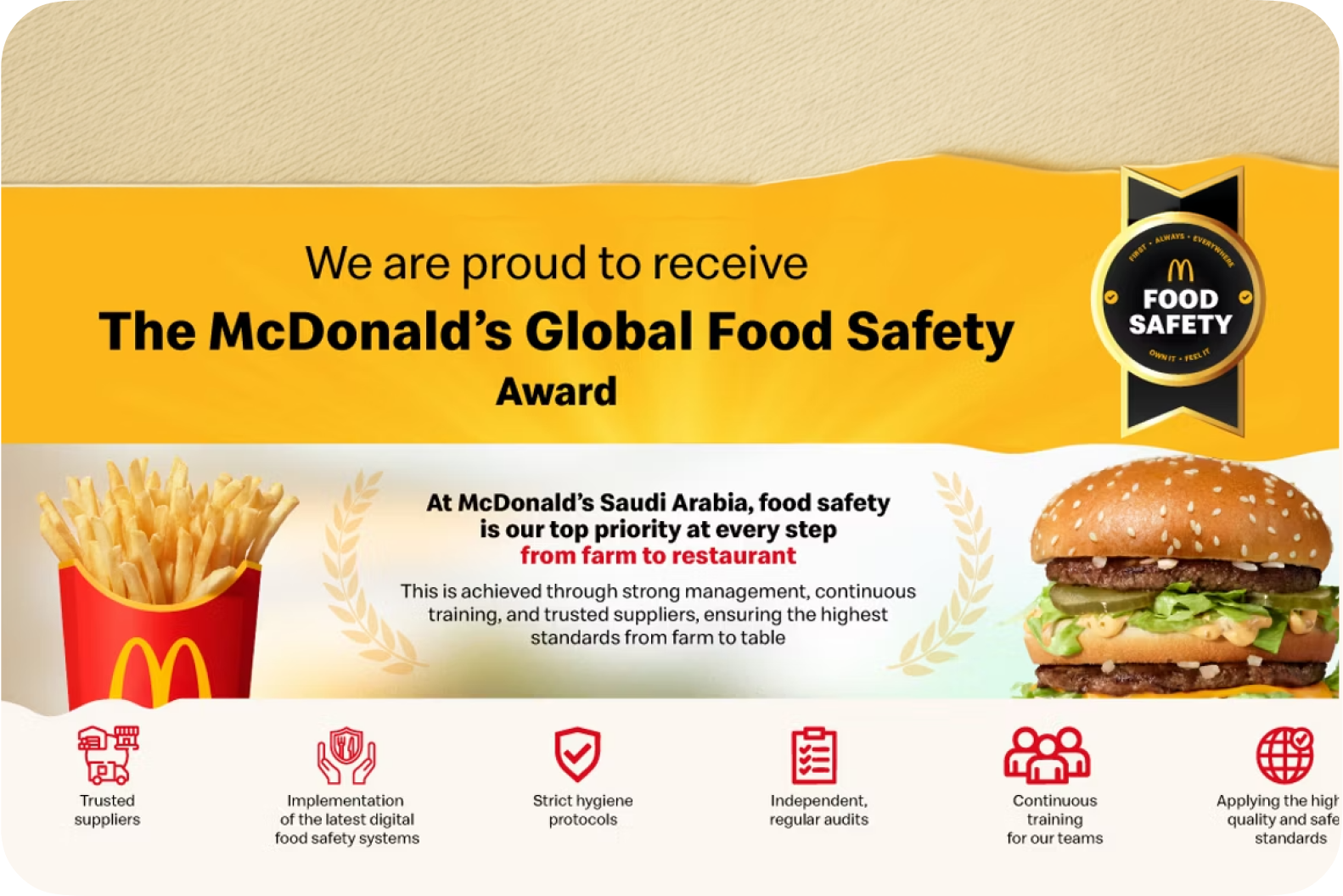 McDonald’s Saudi Arabia Receives the Global Food Safety Award from McDonald’s Corporation In recognition of its commitment to applying the highest standards of food safety and quality at every step