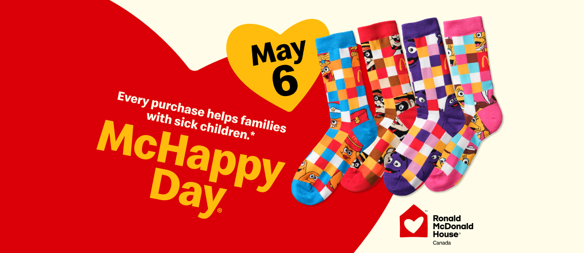 Colouful socks over a red and white background next to the headline “McHappy Day® is almost here!” and the date May 6th.