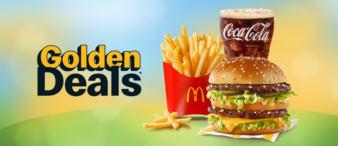 A Big Mac, fry and drink sit next to a box containing a headline and order button on a spring-inspired background. Headline reads “Spring deals have sprung”