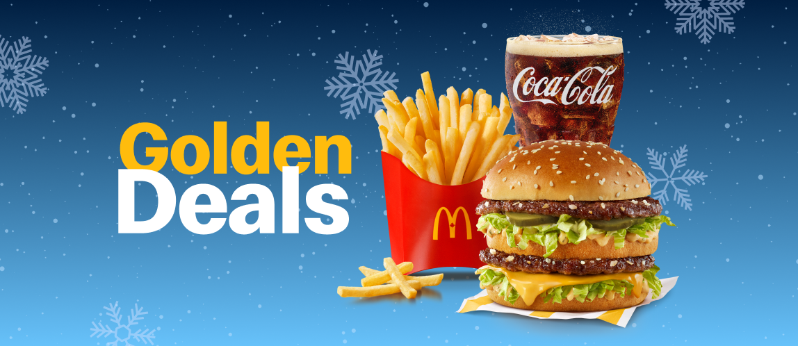 A Big Mac®, Fries, and Fountain Drink on a snowy background.