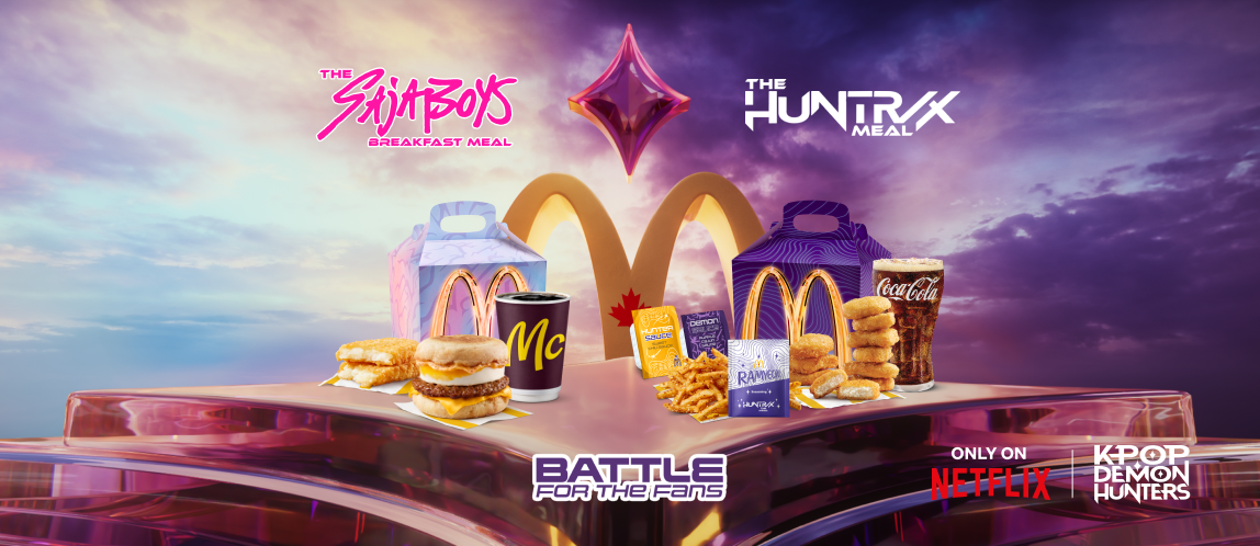 The Saja Boys Breakfast Meal against the HUNTR/X Meal, with the McDonald’s Battle for the Fans logo in the middle.