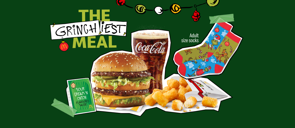 Images de la boîte du Grincheux, plus grincheux que jamais, d’un Big Mac®, d’une boisson de fontaine, de Bouchées de patate du Grincheux, d’une paire de chaussettes dépareillées, taille adulte, placées à côté des mots « La boîte du Grincheux plus grincheux que jamais ».