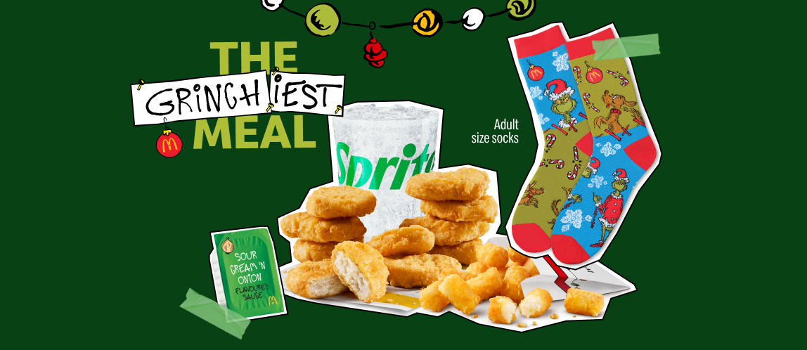 Images of the Grinchiest Meal Box, a Big Mac®, Fountain Drink, Who-Hash Bites, and a Pair of Mismatched Grinch Socks taped next to the words “The Grinchiest Meal”. 