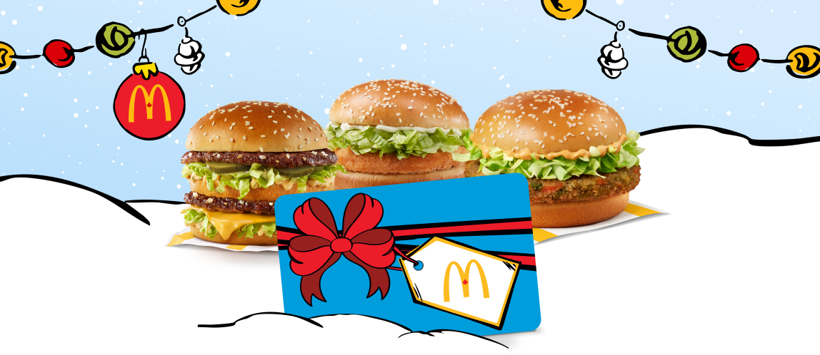 Big Mac, McChicken and McVeggie sandwich with a visual of the holiday gift card.