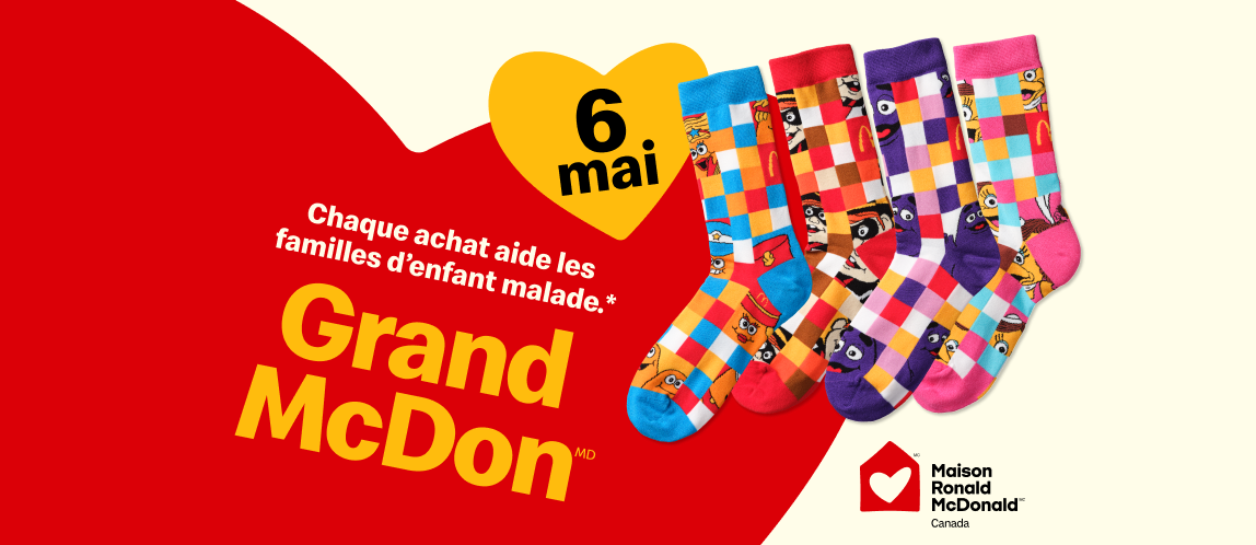 Des chaussettes colorées sur un fond rouge et blanc, à côté du titre : « C’est bientôt le Grand McDon! » et la date « 6 mai ».