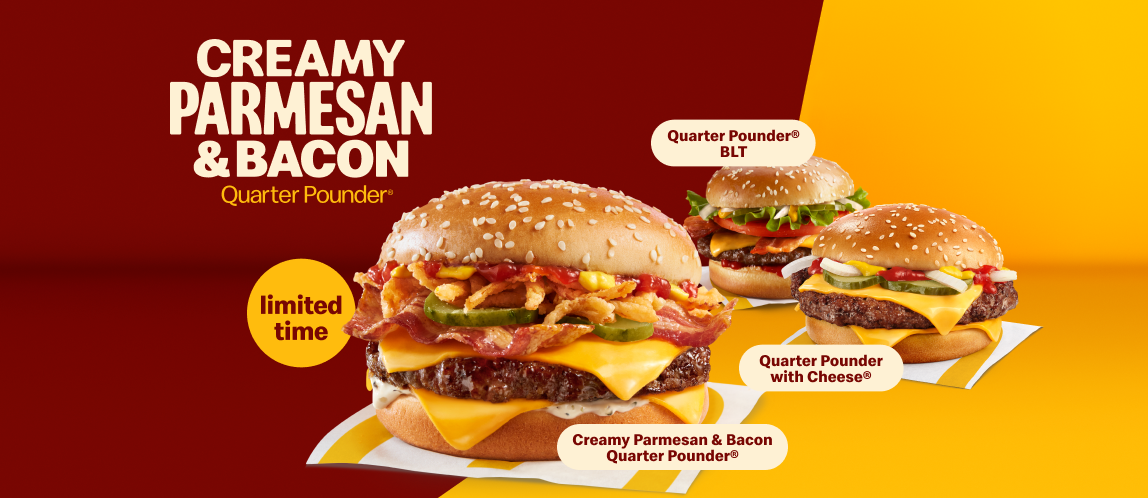 The Creamy Parmesan & Bacon Quarter Pounder® with a regular and BLT Quarter Pounder® on a white and brown background with the headline “Levelling up a classic” 