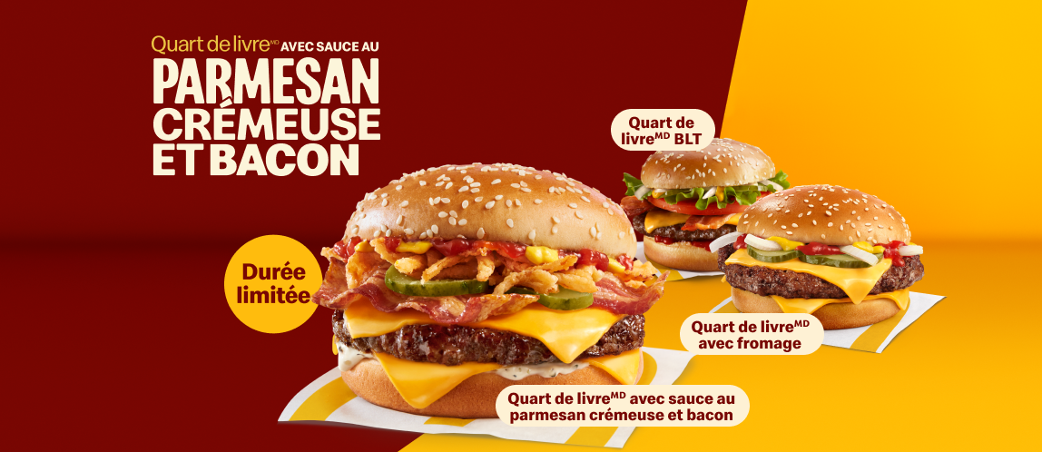 Le Quart de livreMD avec sauce au parmesan crémeuse et bacon avec un Quart de livreMD classique et un Quart de livreMD BLT sur un fond blanc et brun ainsi que le titre « Oh. Que. Oui. »  