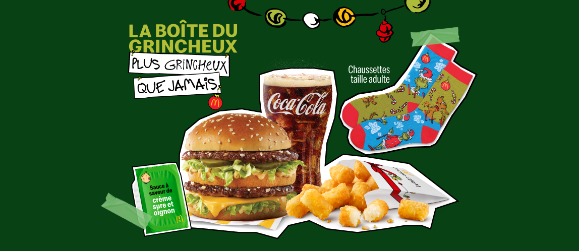 Images de la boîte du Grincheux, plus grincheux que jamais, d’un Big Mac®, d’une boisson de fontaine, de Bouchées de patate du Grincheux, d’une paire de chaussettes dépareillées, taille adulte, placées à côté des mots « La boîte du Grincheux plus grincheux que jamais ».