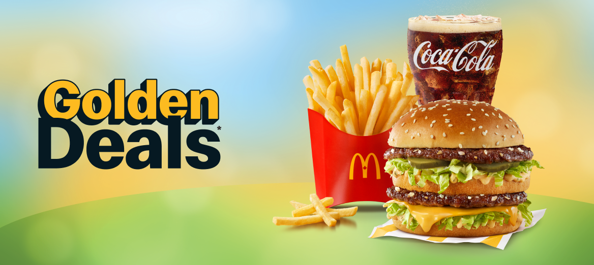 A Big Mac, fry and drink sit next to a box containing a headline and order button on a spring-inspired background. Headline reads “Spring deals have sprung”