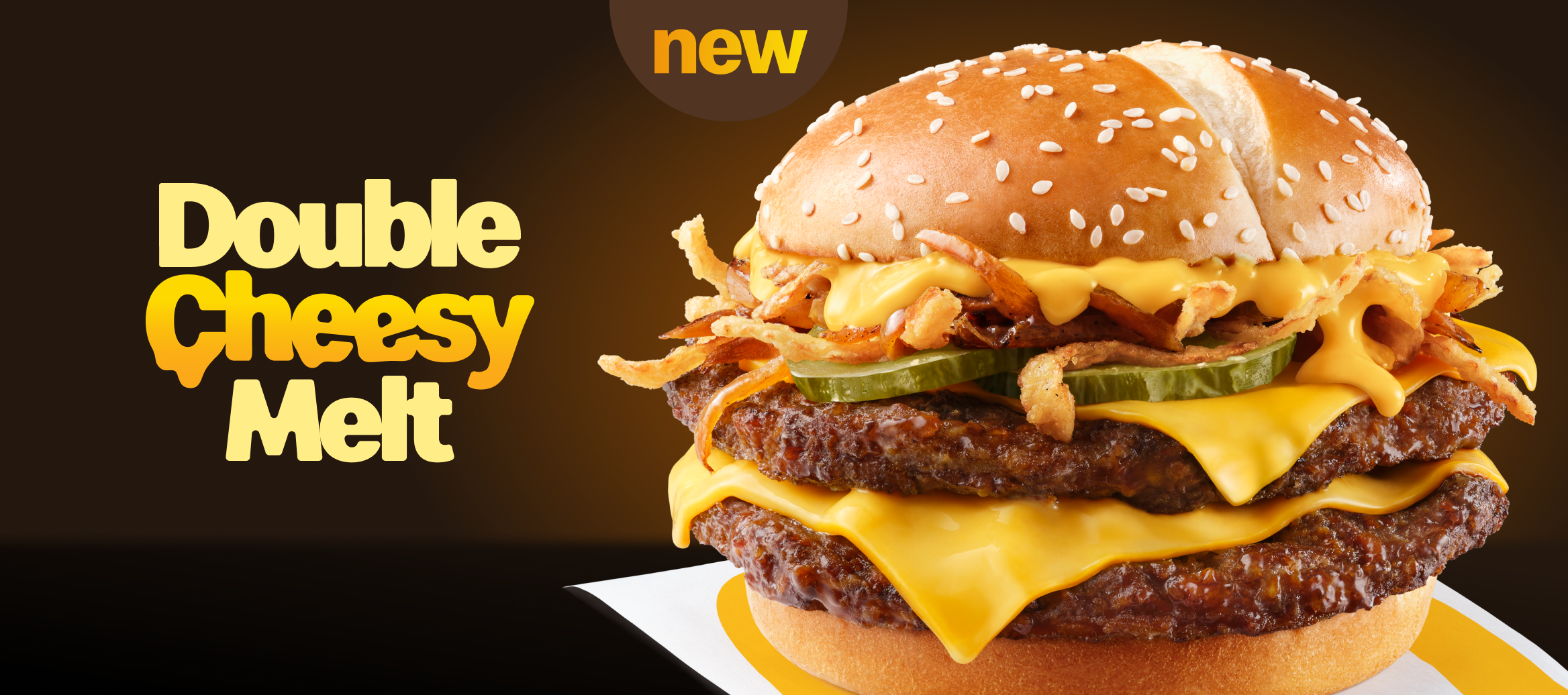 A warm, Double Cheesy Melt Burger next to the words "New Double Cheesy Melt”.
