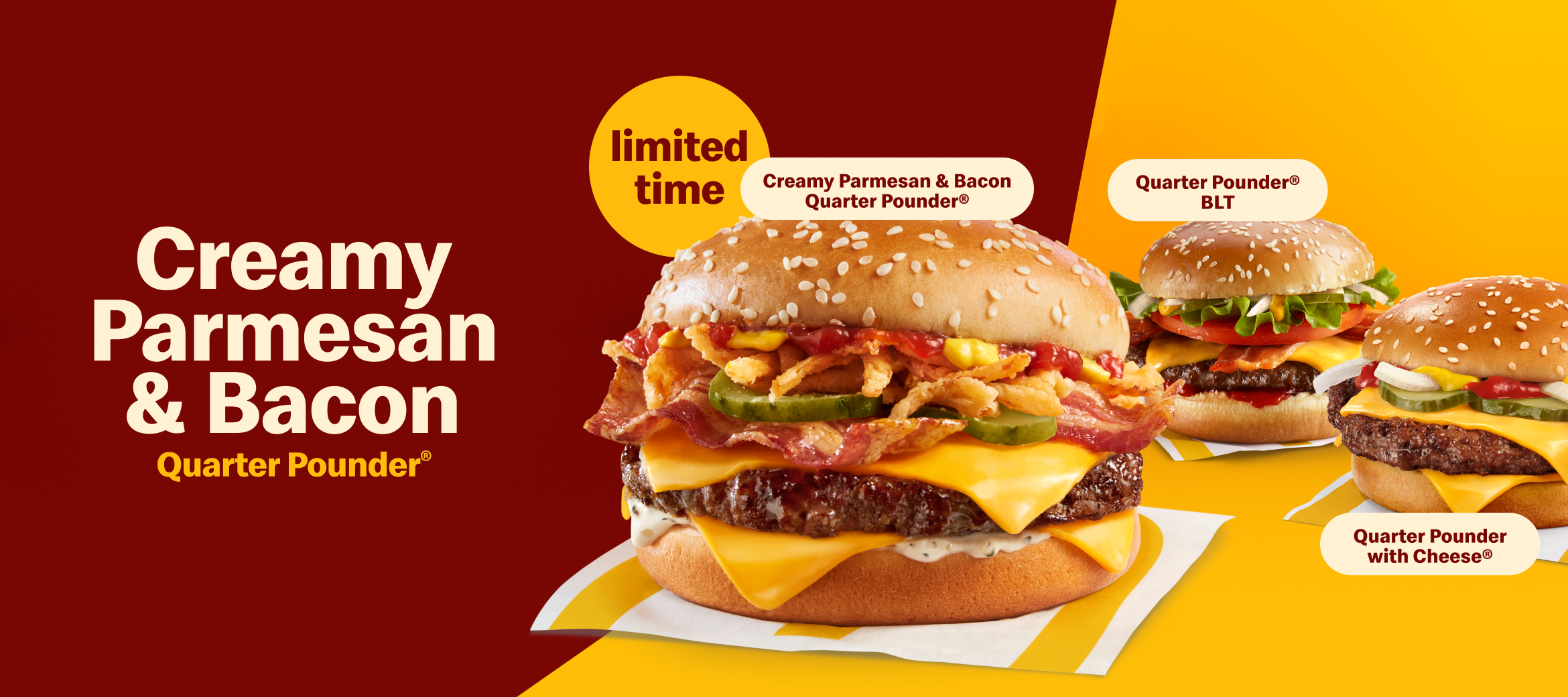 The Creamy Parmesan & Bacon Quarter Pounder® with a regular and BLT Quarter Pounder® on a white and brown background with the headline “Levelling up a classic” 