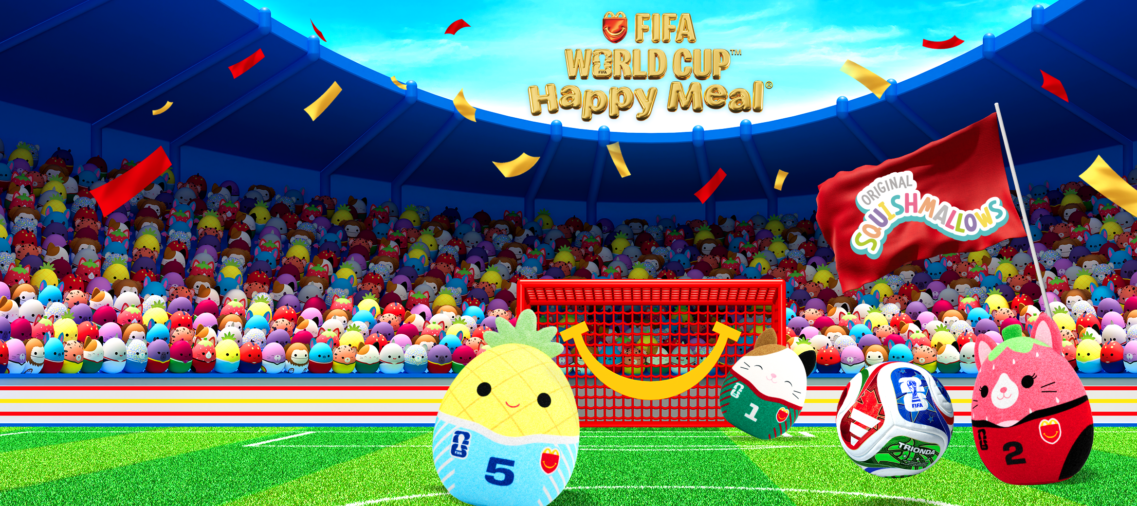 A static image showing Maui, Oima, and Cam, three of the FIFA and Squishmallows characters playing soccer in a stadium full of Squishmallows spectators. The three characters are attempting to score into a red goal with a Happy Meal smile design. Above the goal, there is gold text which reads FIFA WORLD CUPTM HAPPY MEAL®. In the left-hand side, there is a red flag with the Squishmallows logo.