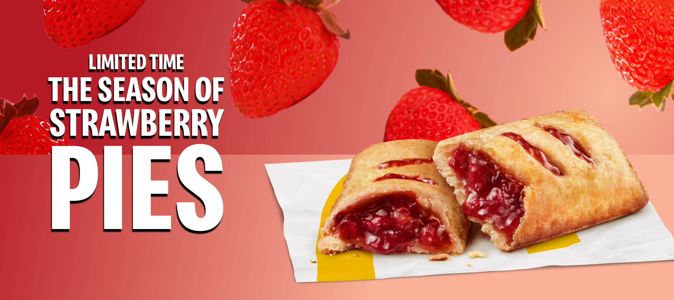 Two stacked Baked Strawberry Pies with flaky golden-brown crusts, filled with warm strawberry filling, displayed on a bright red background with  strawberries.