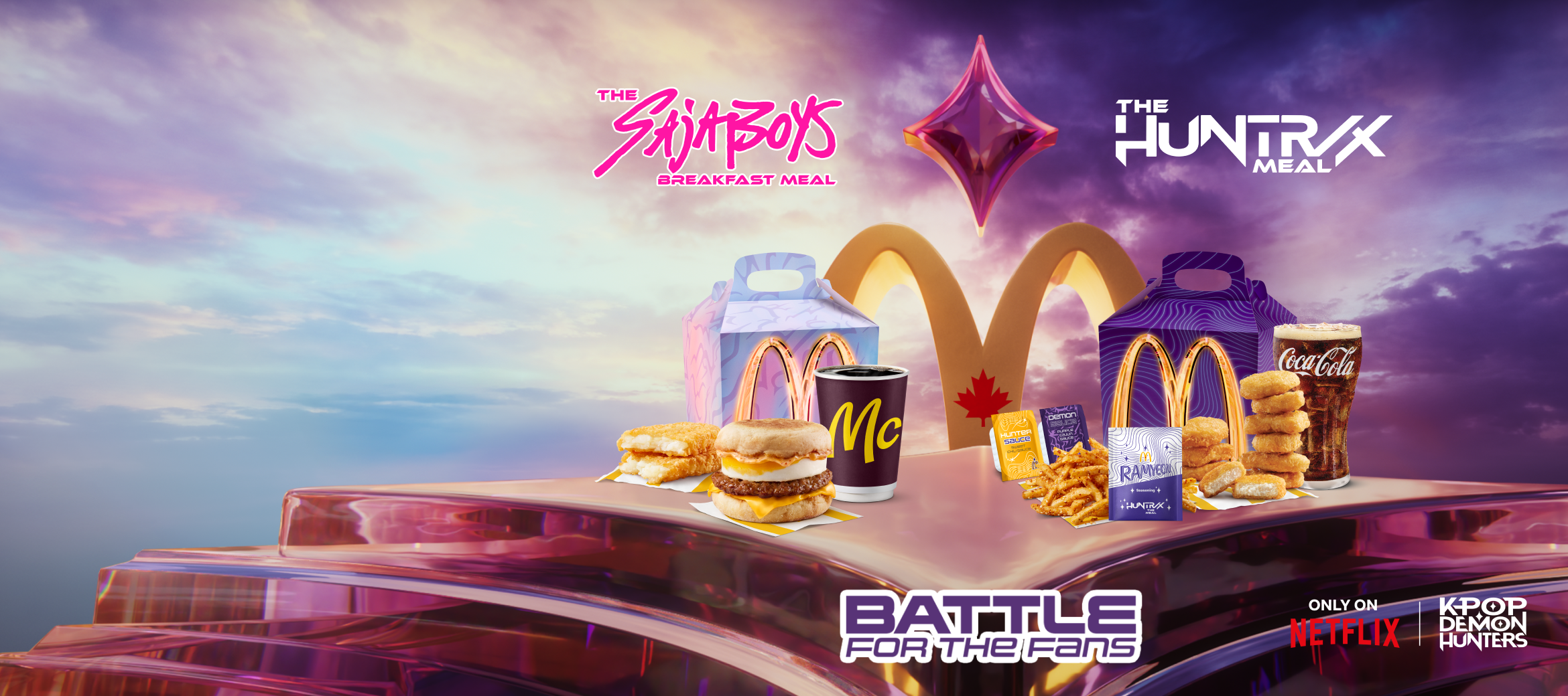The Saja Boys Breakfast Meal against the HUNTR/X Meal, with the McDonald’s Battle for the Fans logo in the middle.