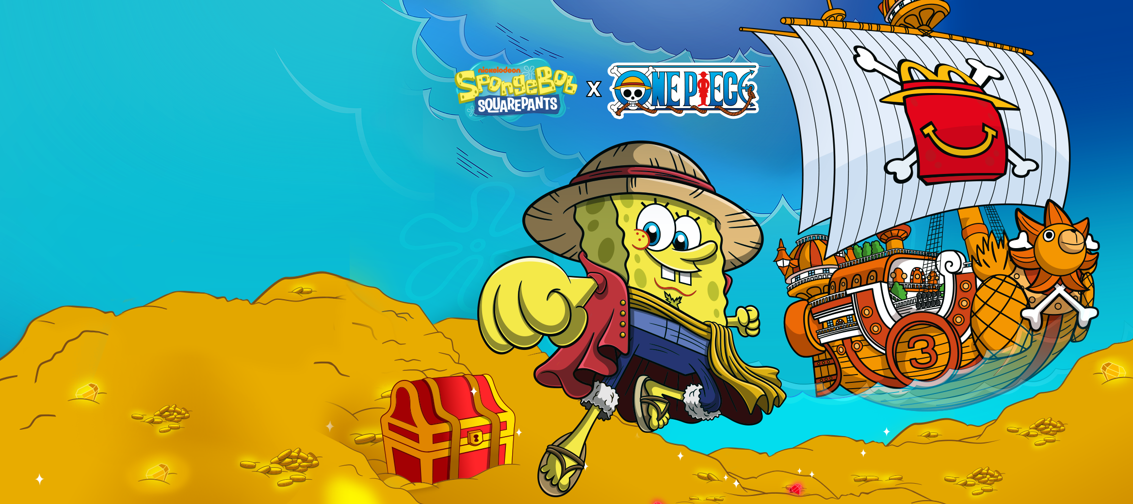 A static image features a blue background representing the sea, with a sandy beach in the foreground. Treasure is scattered across the sand, alongside a red treasure chest. To the right of the treasure chest stands SpongeBob x Luffy in a heroic pose. Above SpongeBob x Luffy are the SpongeBob and One Piece logos. On the right side of the image, there is a sailing boat with a mast displaying a pirate flag decorated with a Happy Meal box with crossbones.