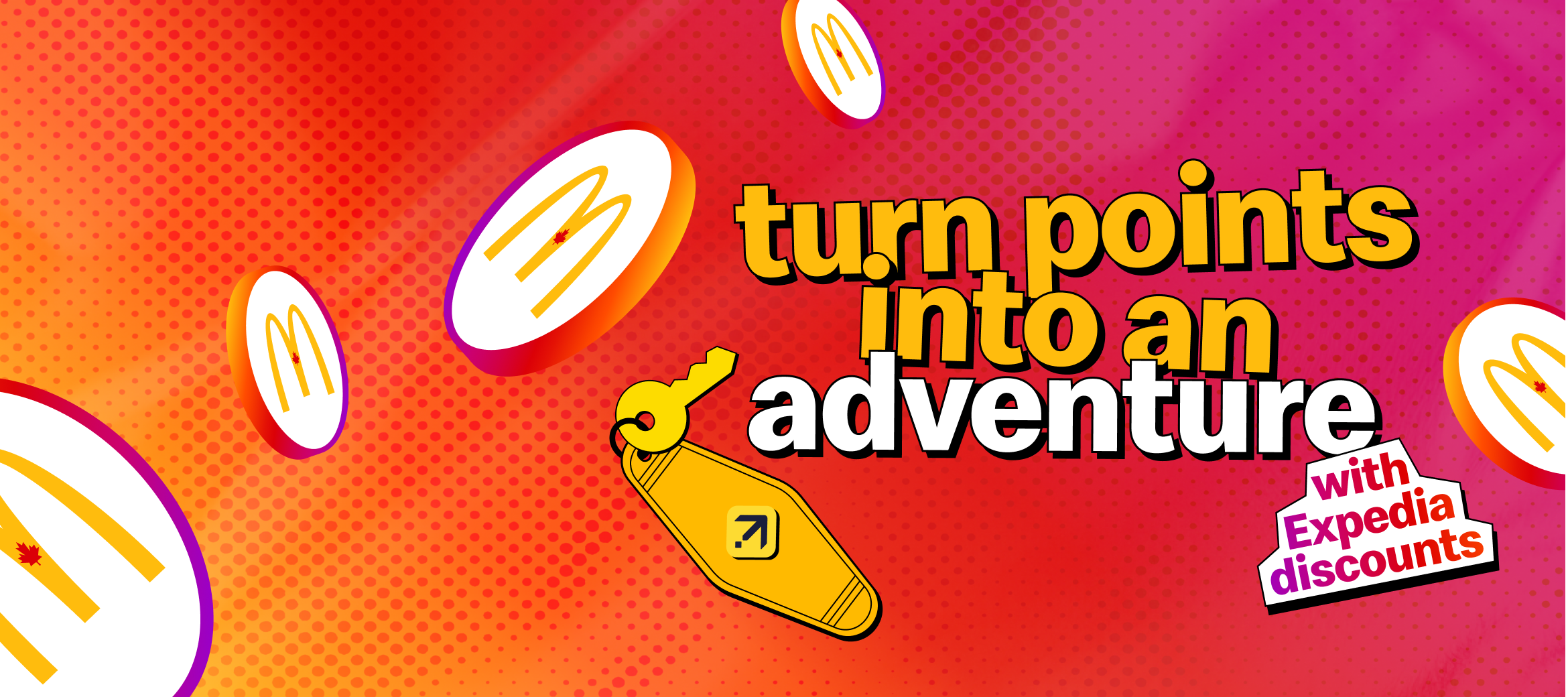 The words “turn points into an adventure” surrounded by illustrated MyMcDonald’s Rewards coins, a hotel key, and add a sticker that reads “with Expedia discounts”.