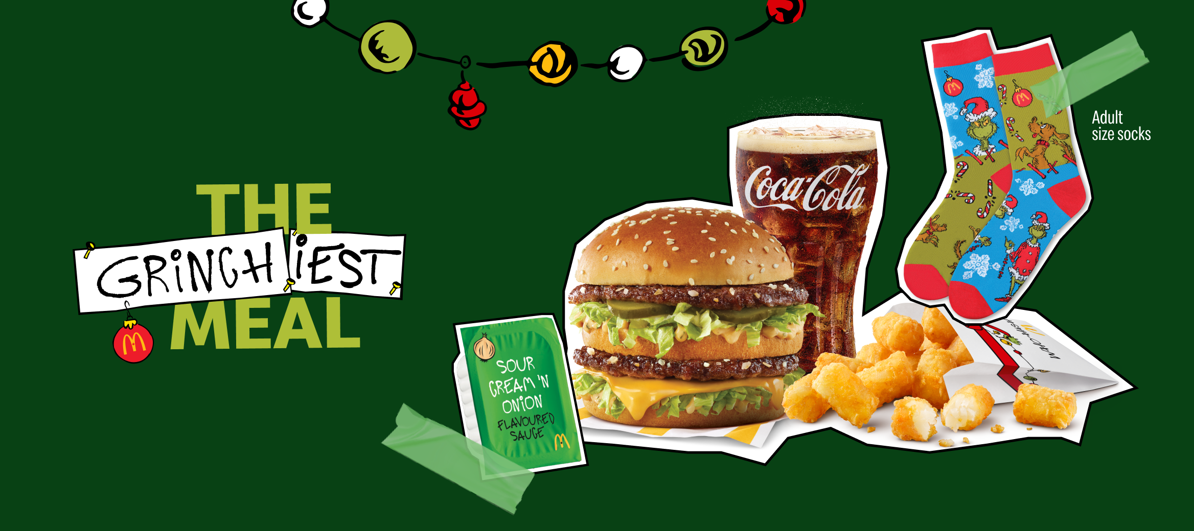 Images de la boîte du Grincheux, plus grincheux que jamais, d’un Big Mac®, d’une boisson de fontaine, de Bouchées de patate du Grincheux, d’une paire de chaussettes dépareillées, taille adulte, placées à côté des mots « La boîte du Grincheux plus grincheux que jamais ».