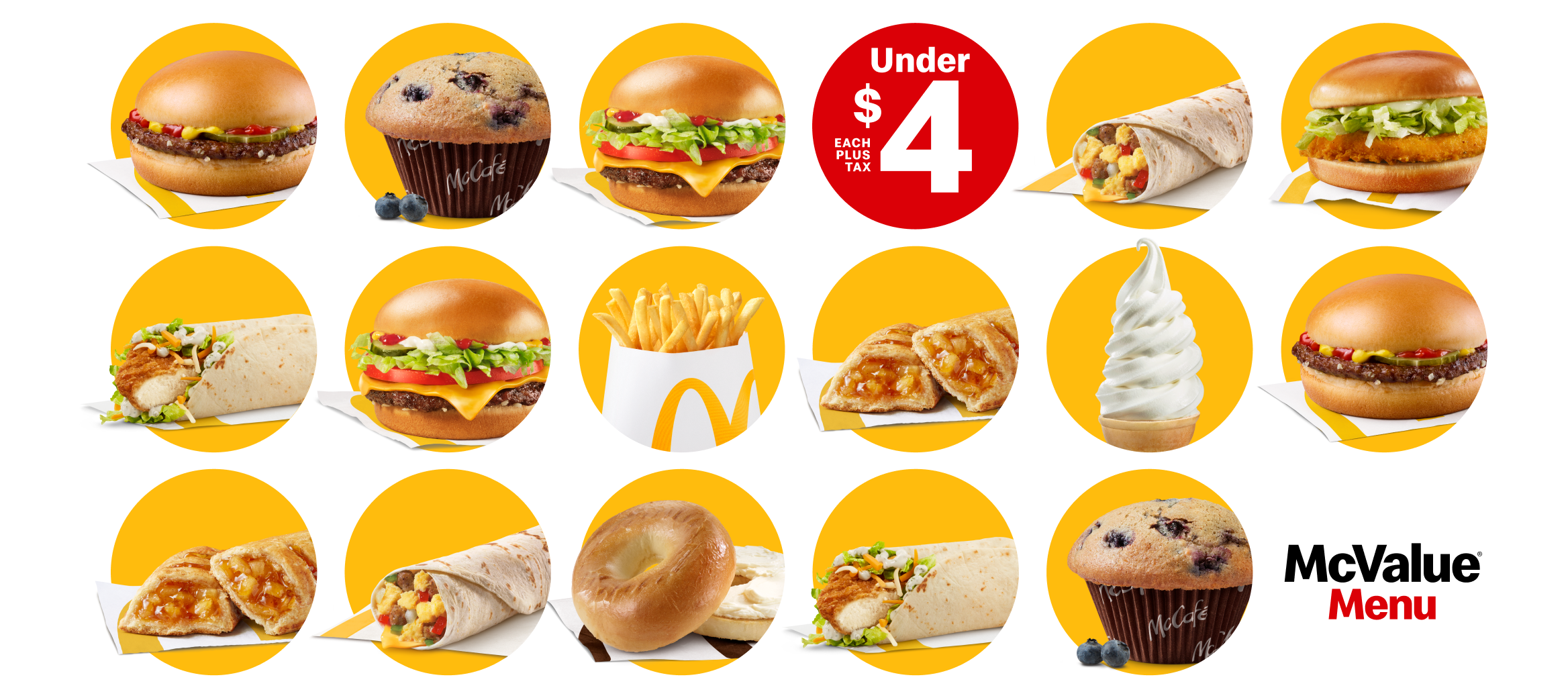 A line up of the McValue Menu with each item in a yellow bubble. 