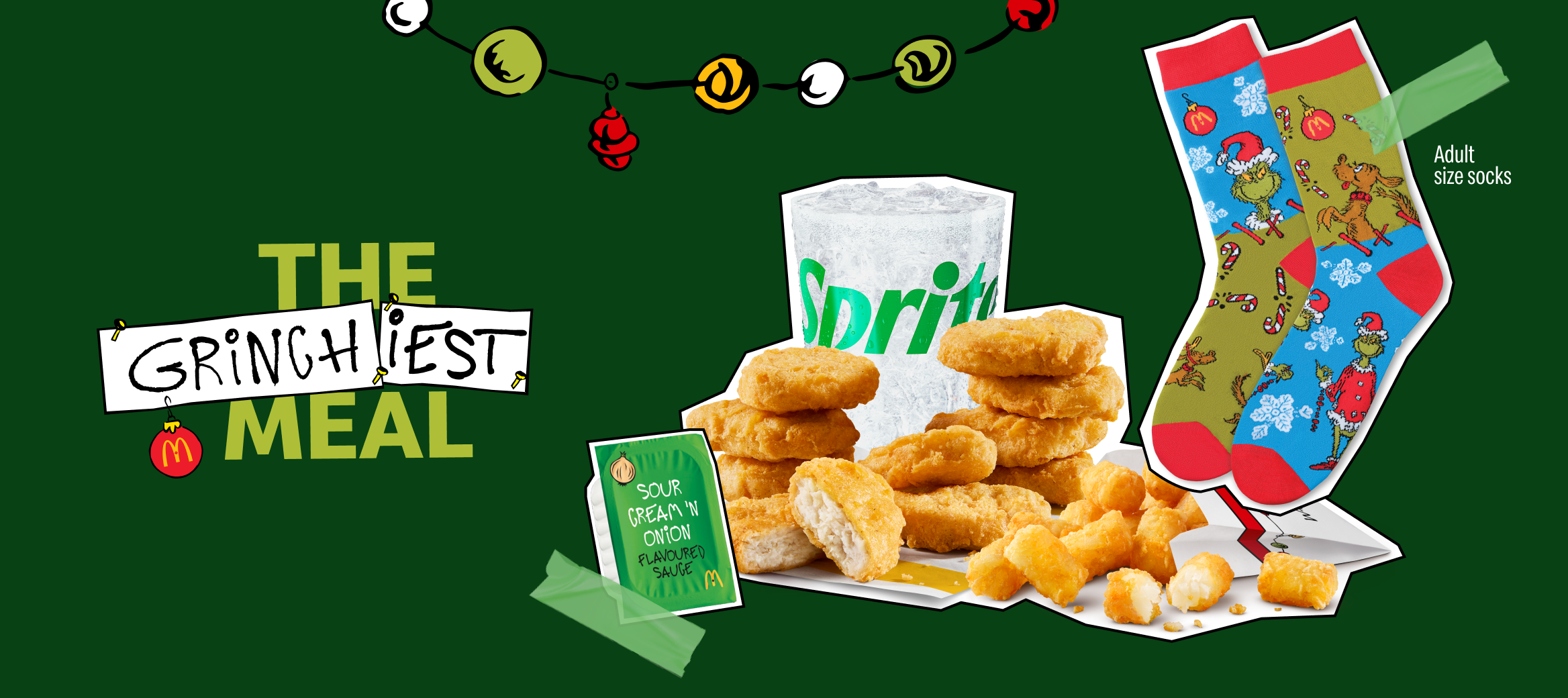 Images of the Grinchiest Meal Box, a Big Mac®, Fountain Drink, Who-Hash Bites, and a Pair of Mismatched Grinch Socks taped next to the words “The Grinchiest Meal”. 