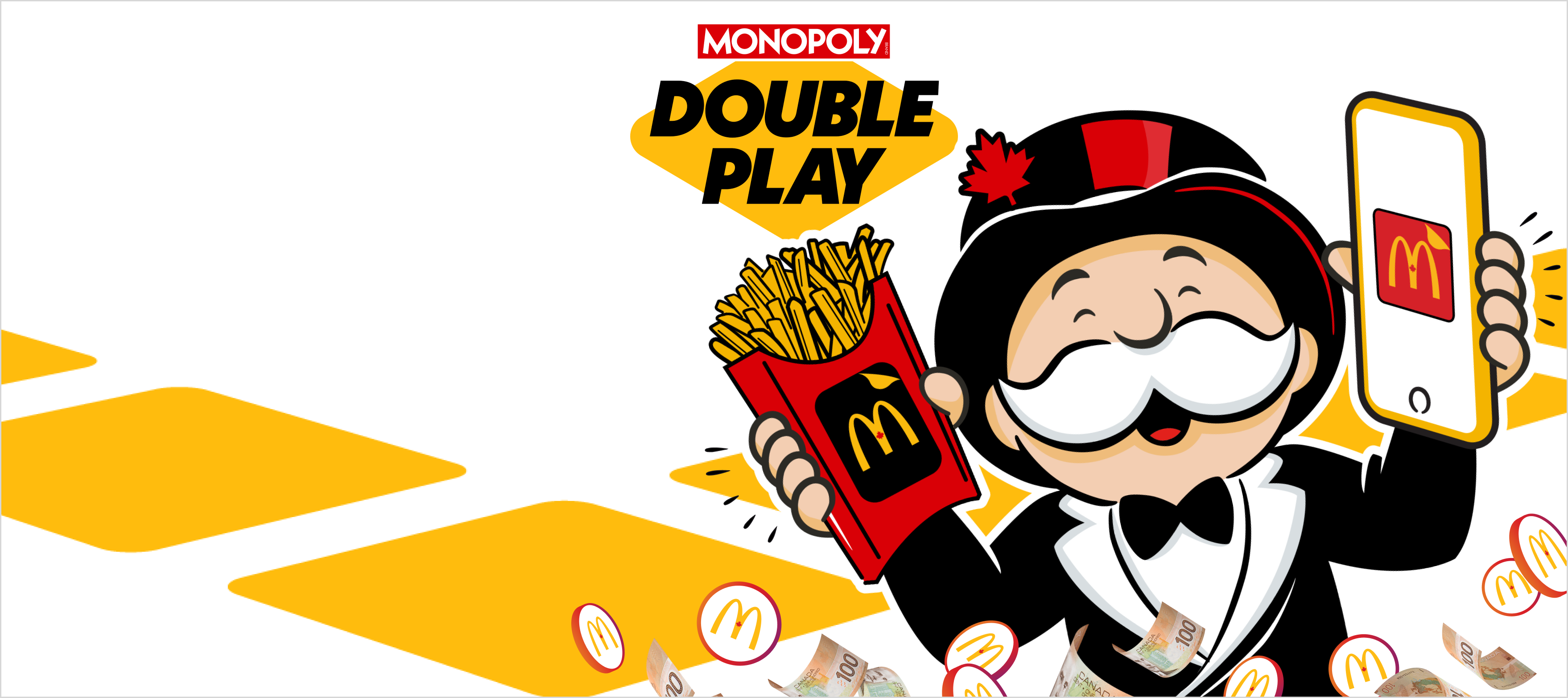 A hand holding a miniature golden Happy Meal box being placed next to a miniature retro style McDonald’s restaurant and miniature delivery truck. The Lil McDonald’s logo at the top.
