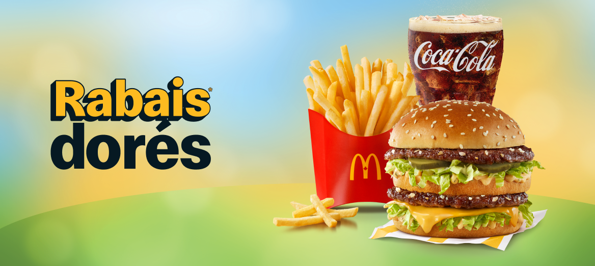 Un Big Mac®, des frites et une boisson sont placés à côté d’une boîte contenant un titre et un bouton de commande sur un fond printanier. Le titre est « Les offres du printemps sont arrivées ».