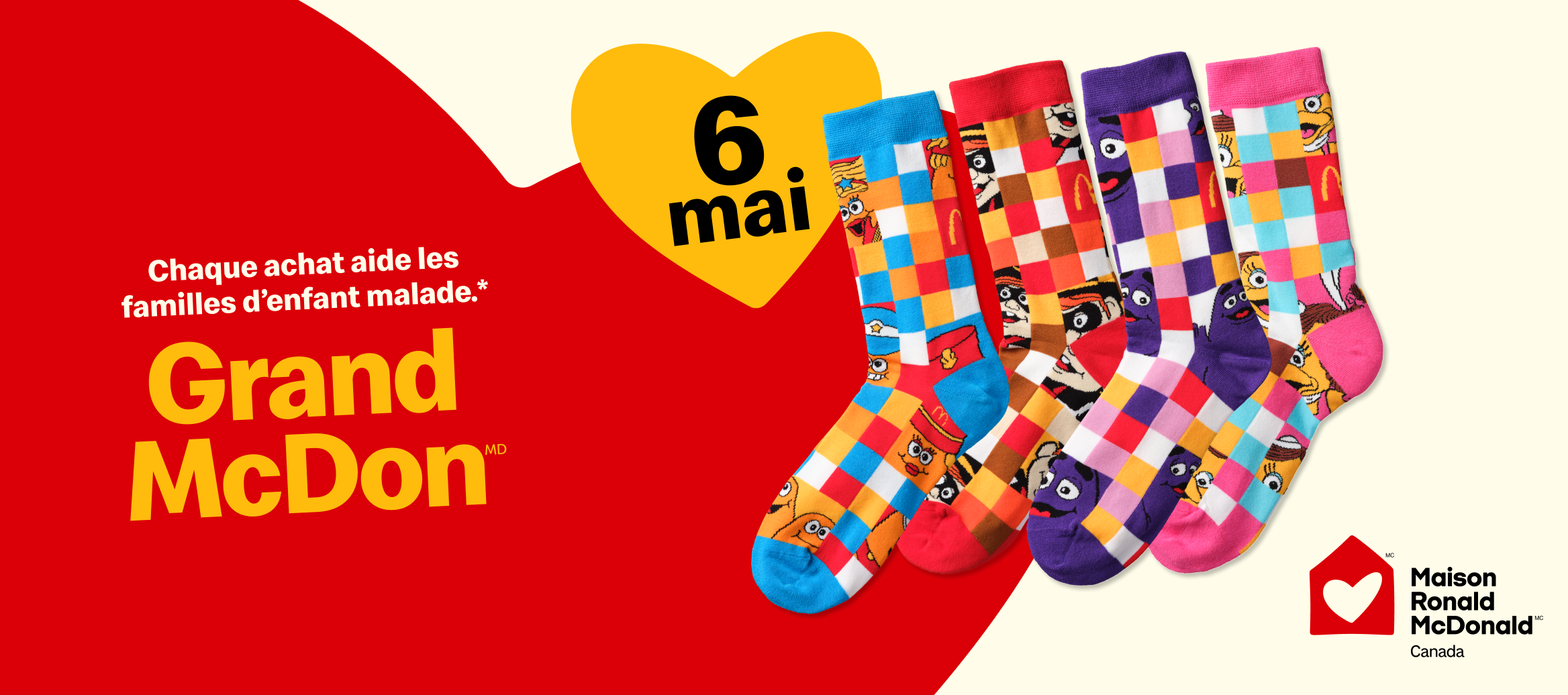 Des chaussettes colorées sur un fond rouge et blanc, à côté du titre : « C’est bientôt le Grand McDon! » et la date « 6 mai ».