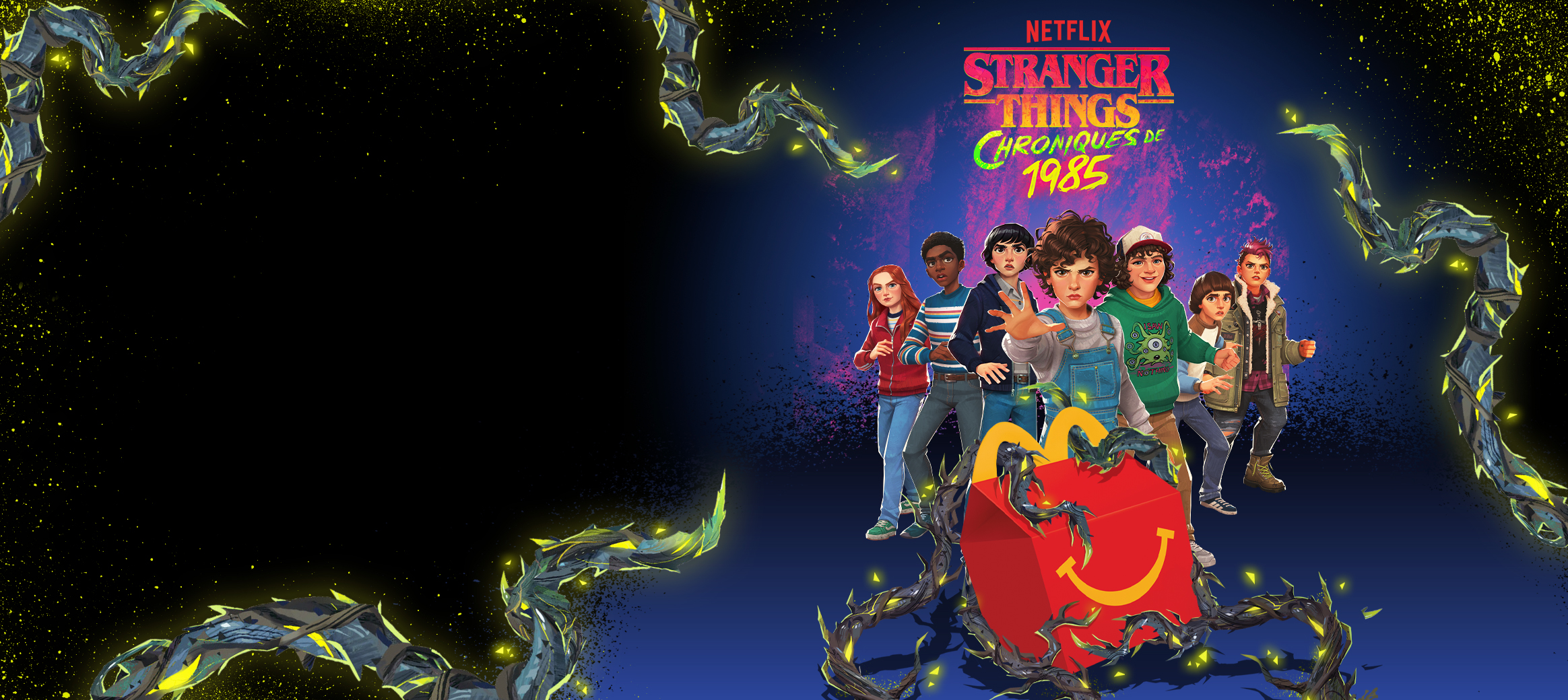Une image statique montrant une boîte de Joyeux festin entourée de vignes sur un fond bleu et noir. Les personnages Max, Lucas, Mike, Onze, Dustin, Will et le nouveau personnage Nikki se tiennent derrière la boîte. Un texte au-dessus indique Stranger Things : Chroniques de 1985, avec des touches de rose en arrière-plan. 