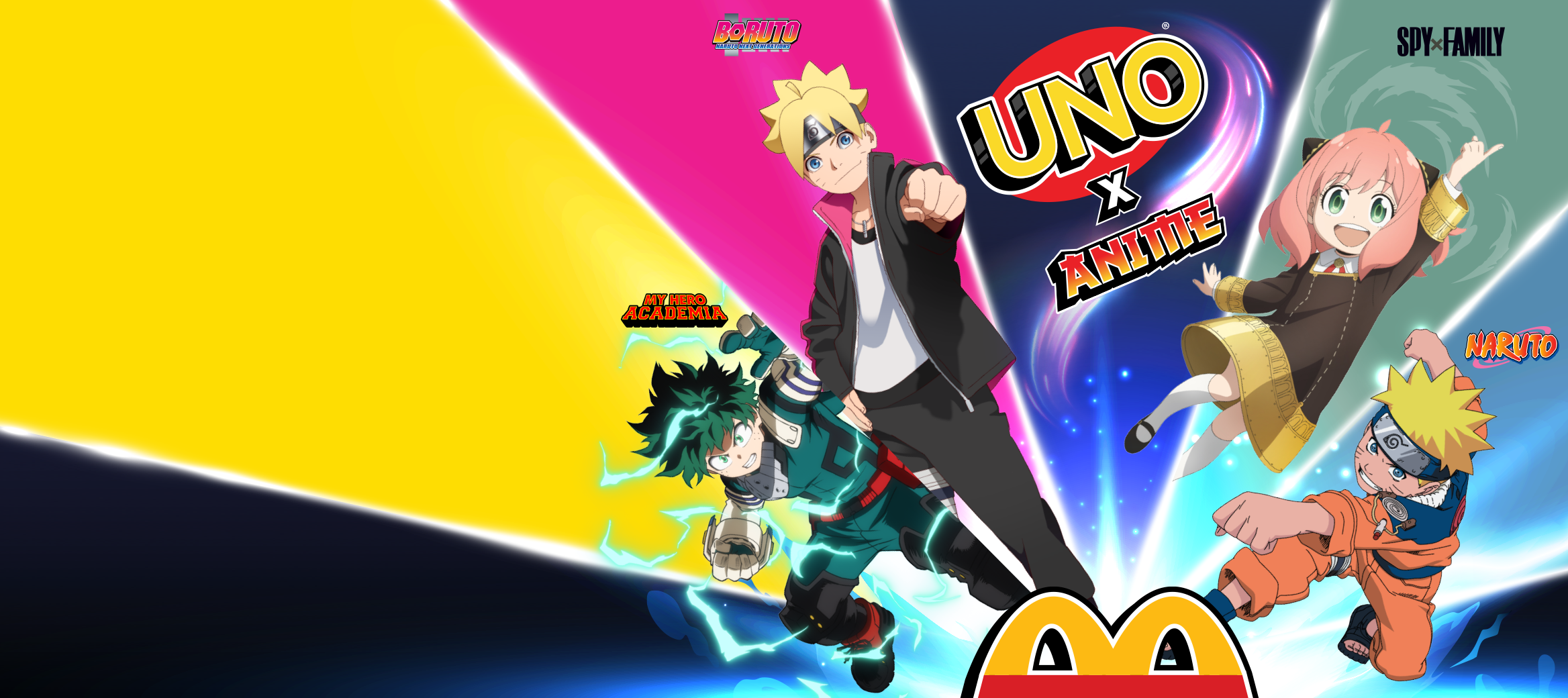 Une image statique avec un arrière-plan multicolore. En bas à gauche, le haut d’une boîte de Joyeux festin apparaît dans le cadre. Quatre personnages animés jaillissent de la boîte de Joyeux festin, avec un personnage par animé: My Hero Academia, NARUTO, BORUTO, et SPY x FAMILY. Au-dessus de chaque personnage se trouve le logo animé correspondant, et le logo UNO x Animé est placé au centre des personnages.
