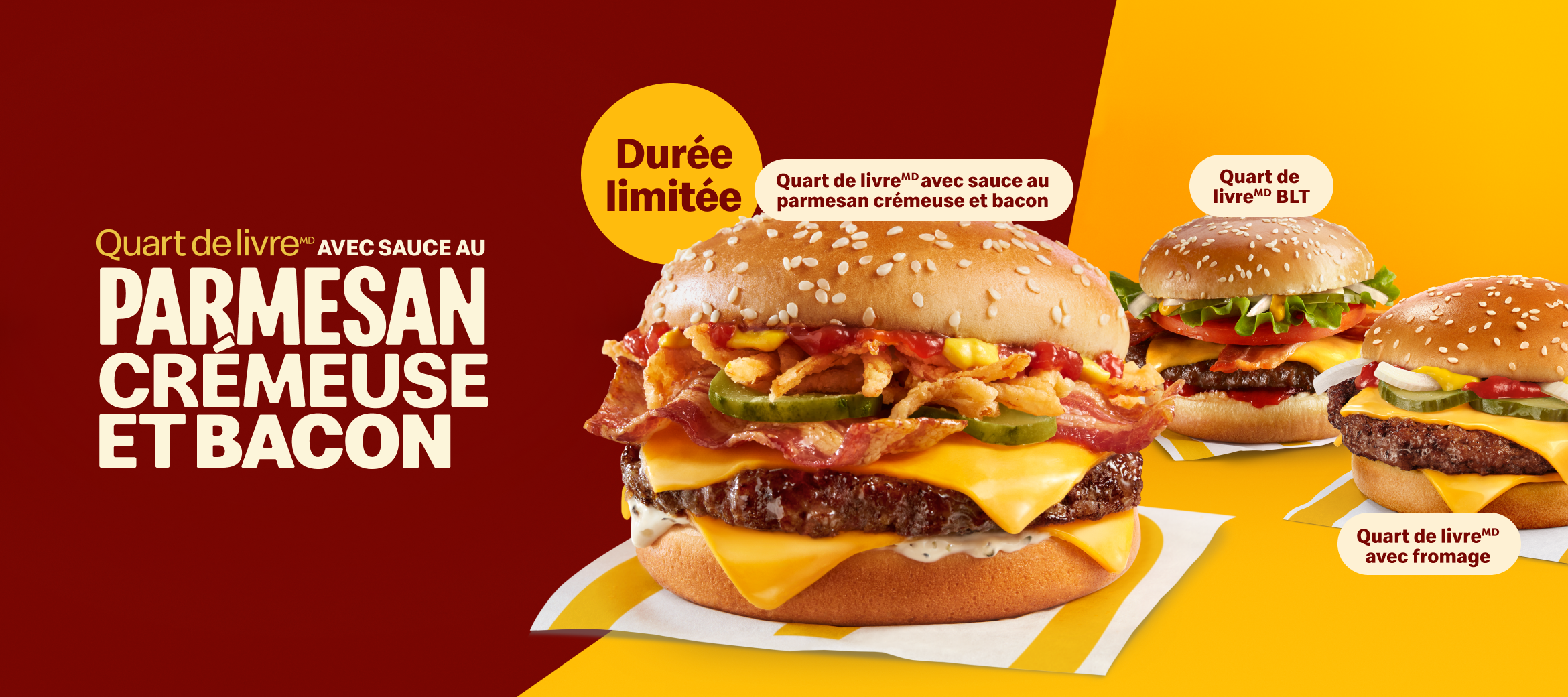 Le Quart de livreMD avec sauce au parmesan crémeuse et bacon avec un Quart de livreMD classique et un Quart de livreMD BLT sur un fond blanc et brun ainsi que le titre « Oh. Que. Oui. »  