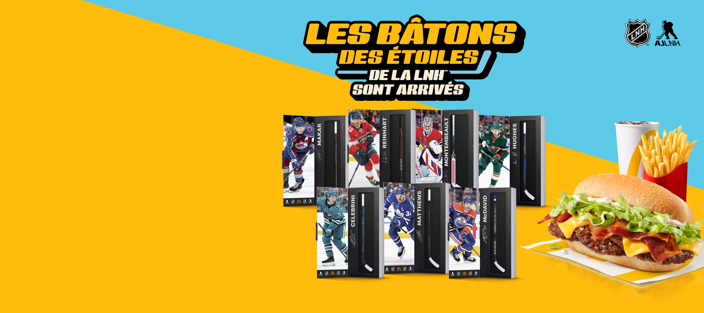 Headline: Les bâtons des étoiles de la LNHMD sont arrivés. La collection complète des sept bâtons des étoiles de la LNH dans leurs boîtiers, à côté d’un Big Mac, d’une portion de frites, format moyen, et d’une boisson de fontaine, format moyen.