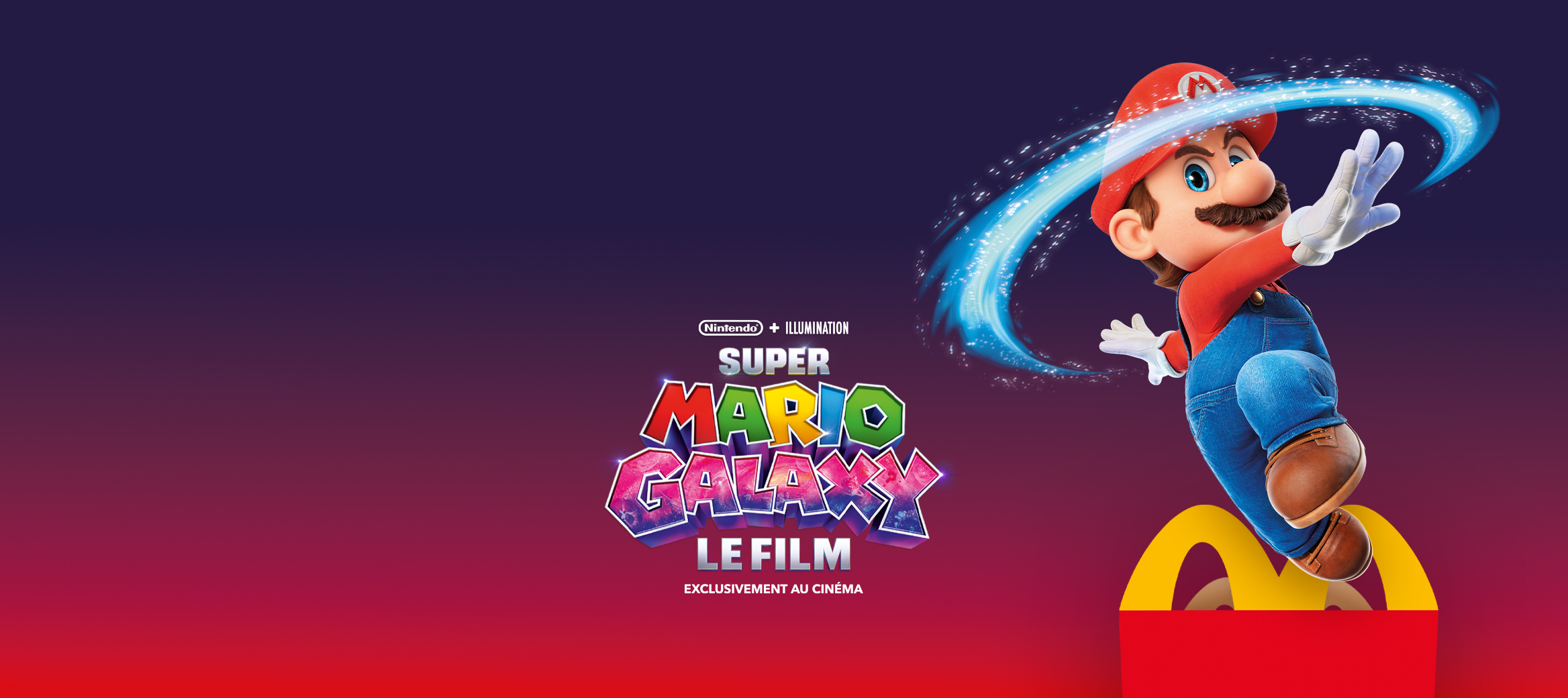 Une image statique avec une boîte Joyeux festin dans le coin inférieur droit. Au-dessus de la boîte Joyeux festin, Mario entre dans le cadre à toute vitesse. En haut au centre de l’image, un texte indique « Super Mario Galaxy : LE FILM EXCLUSIVEMENT AU CINÉMA ».  