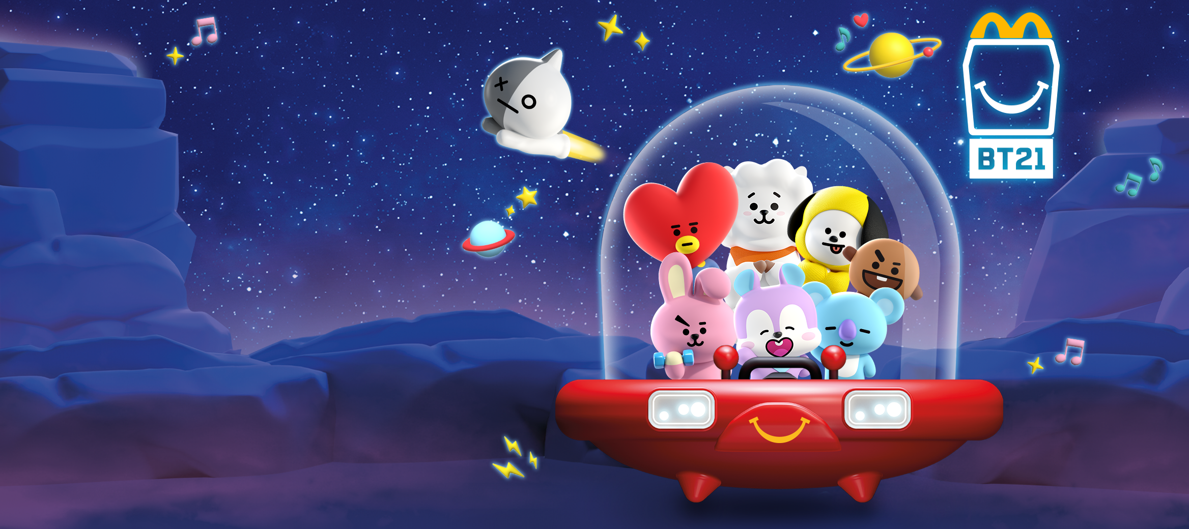 Image qui montre les personnages BT21 à bord d’un ovni de style dessin animé et Van volant dans l’espace.