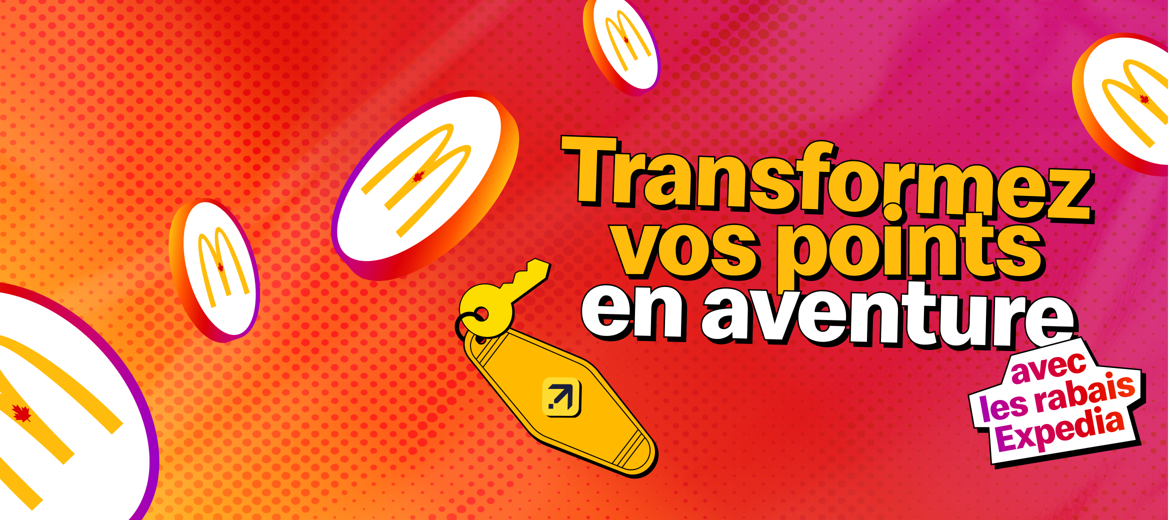 La phrase « Transformez vos points en aventure », entourée d’illustrations représentant des pièces de monnaie Récompenses MonMcDo, une clé d’hôtel et un autocollant comprenant la mention « avec les rabais Expedia ». 