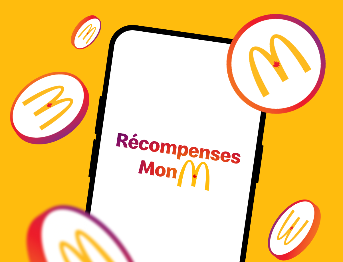 Un téléphone intelligent dont l’écran affiche le logo Récompenses MonMcDo. Des pièces de monnaie Récompenses MonMcDo jaillissent du téléphone et retombent sur le fond jaune. 