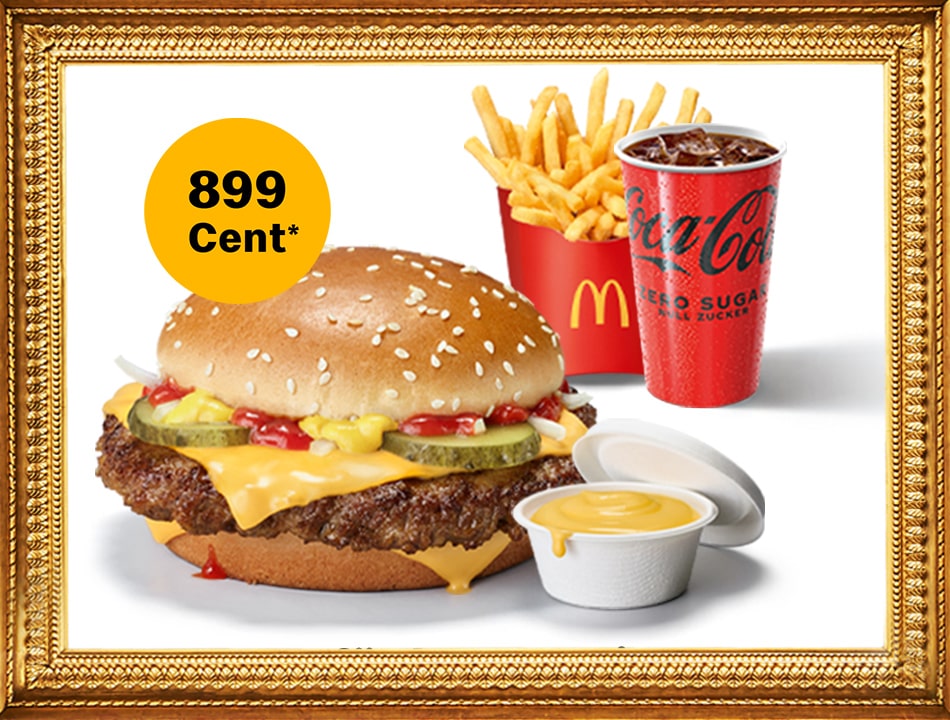Ein Gemälde mit Goldrahmen zeigt das exklusive McMenü® mit Hamburger Royal Cheese, Pommes, Cola und limitiertem Cheese Dip. Überschrift: Nur für kurze Zeit.