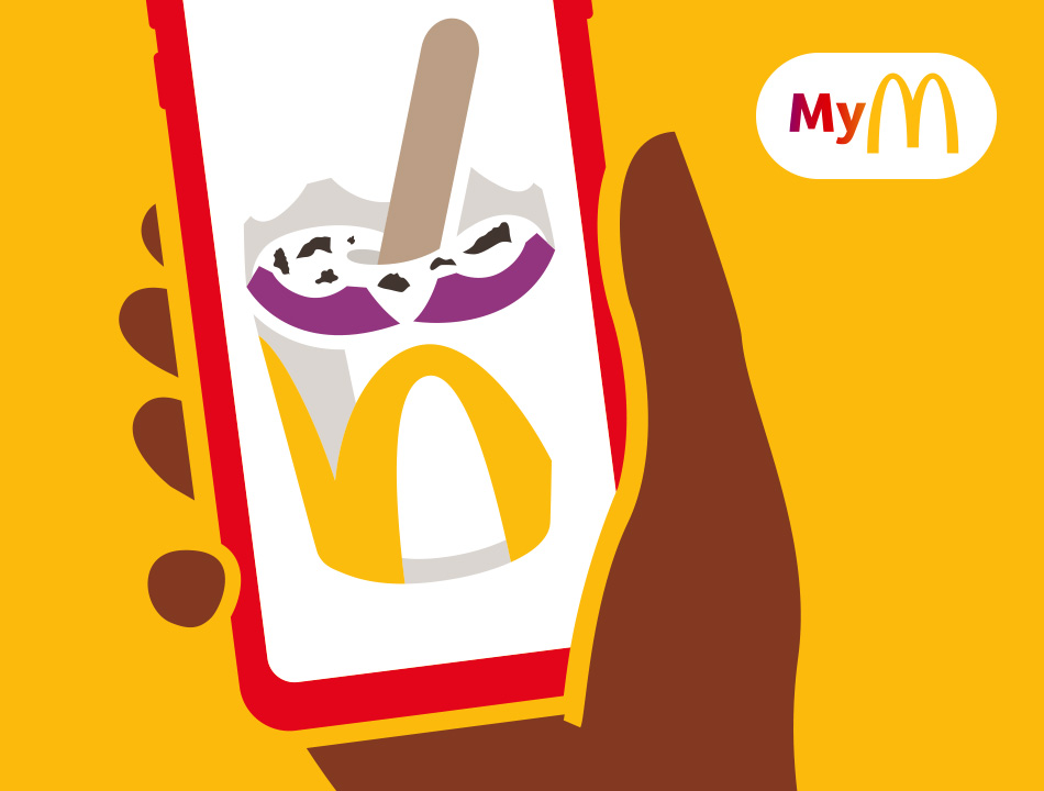 Wir sehen eine Hand mit Smartphone. Auf dem Bildschirm befinden sich leckere Produkte von McDonald˚s. Überschrift: Exklusive Angebote in der McDonald’s App. 