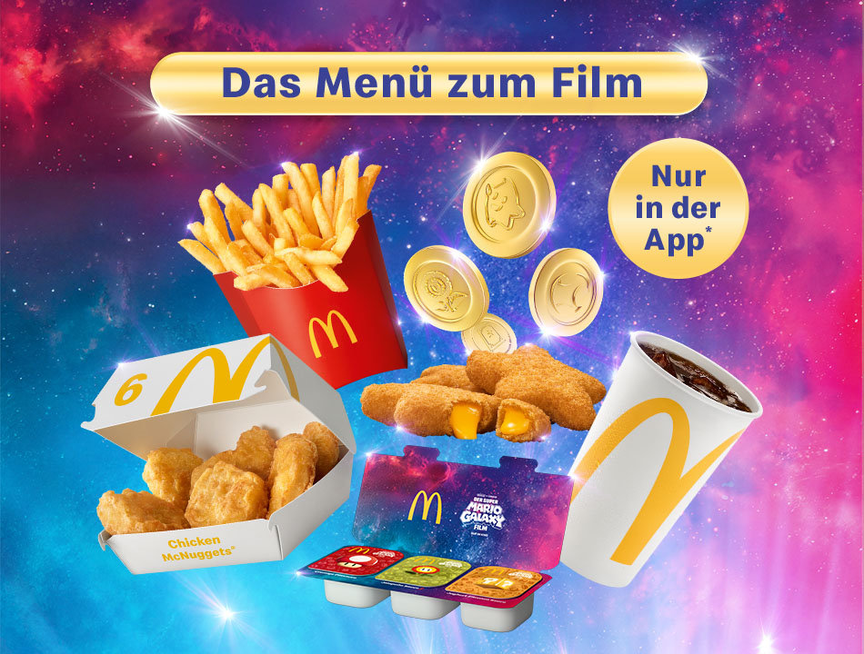 Jetzt nur in der App, das Menü zum Film mit 6 Chicken McNuggets® und den 3 limitierten Power-Up Sauces. Dazu Beilagen und Getränk.