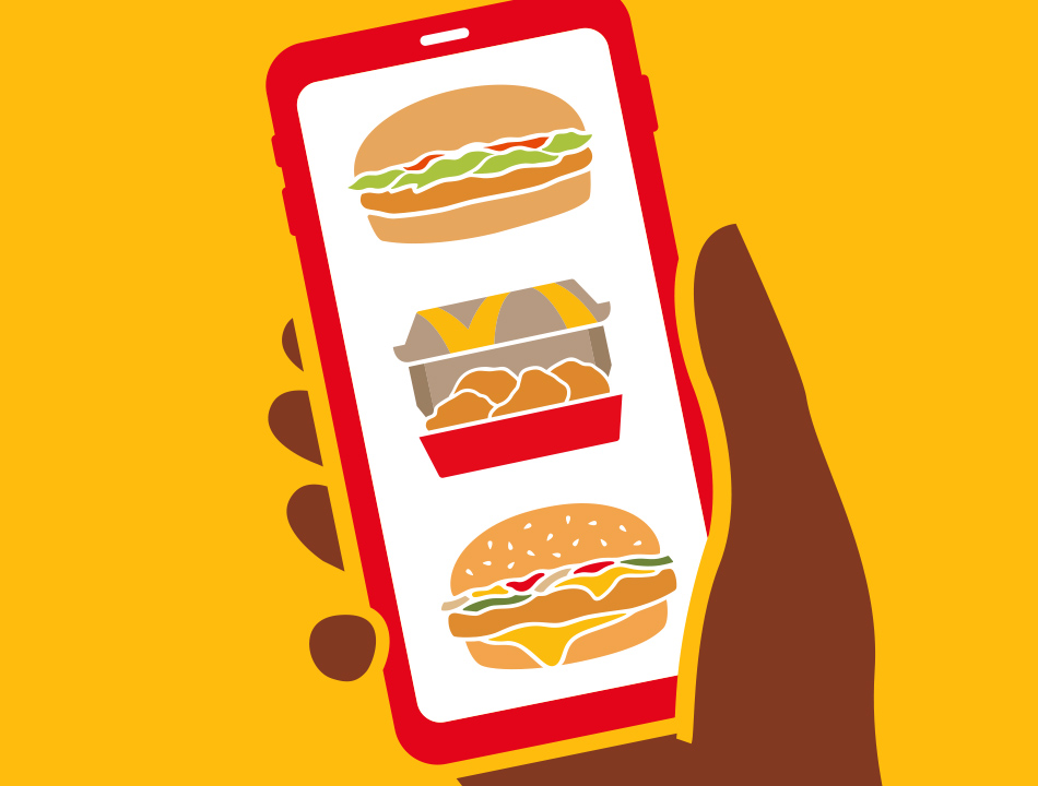 Eine Hand hält ein Smartphone hoch, auf dessen Screen ein Burger zu sehen ist.