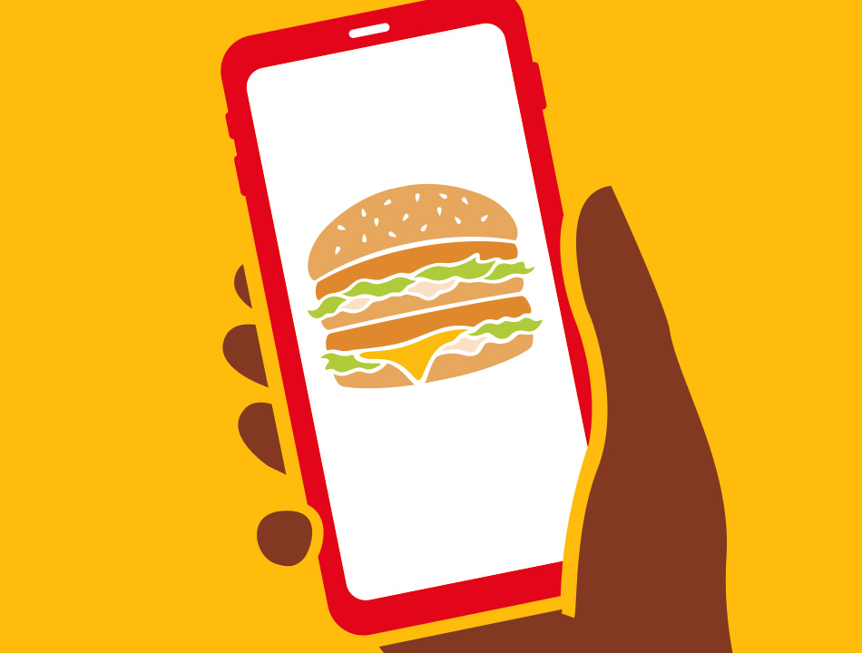 Eine Hand hält ein Smartphone hoch, auf dessen Screen ein Burger zu sehen ist.