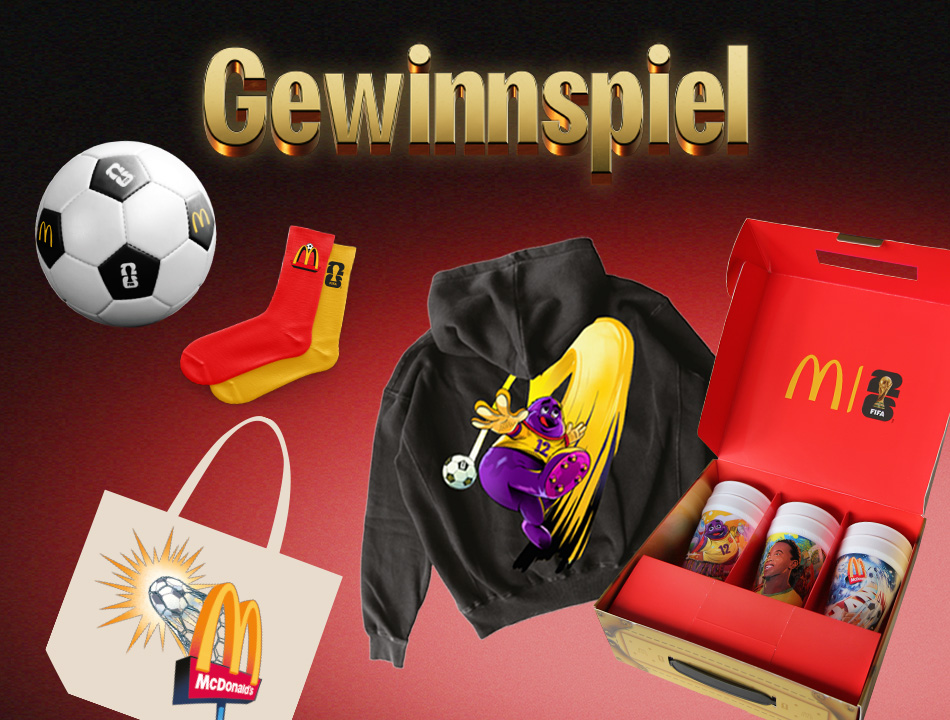 Unter dem Titel "Gewinnspiel" sind ein Ball, eine gelbe und eine rote Socke, eine Tasche, ein Hoodie mit Grimace drauf, und ein Karton mit allen sechs Cups abgebildet.