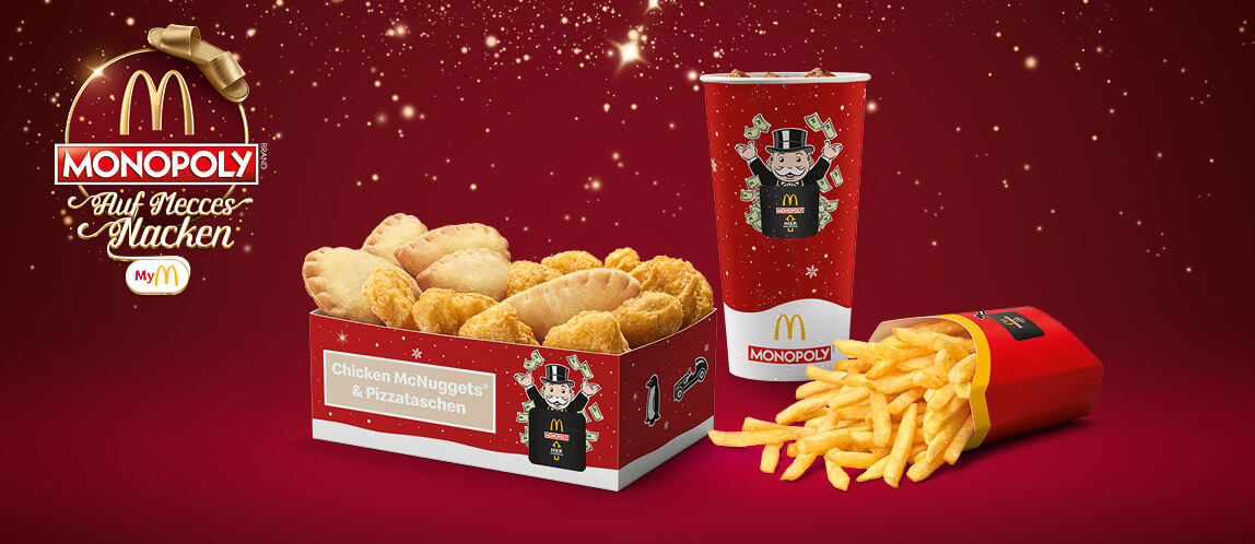 McDelivery, McDonald’s Monopoly, Panzerotti Pizzataschen, Pommes Frittes, Getränkebecher
