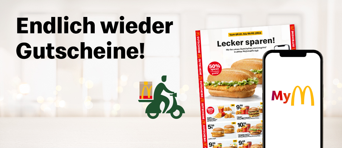 Auf dem Bild befindet sich das aktuelle Gutscheinheft mit der Überschrift „Lecker Sparen!“ über zwei Chicken Classics. Daneben ein Smartphone mit dem My McDonald’s-Logo.