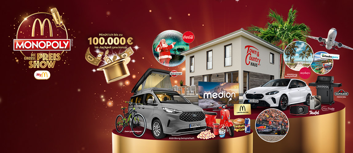Wir sehen das MONOPOLY Logo „Die große Preis-Show“ und eine Bühne voller Preise – von einem Auto bis zum 100.000 € Jackpot.