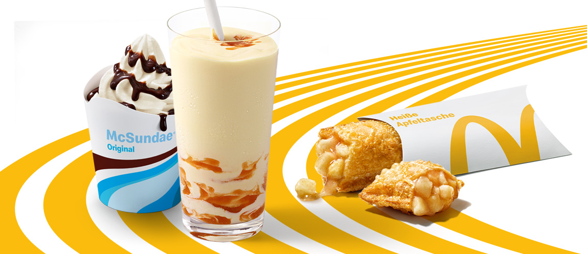McSundae® Original mit Schoko-Sauce, McMilchshake mit Vanillegeschmack und Karamell-Sauce und die heiße Apfeltasche.