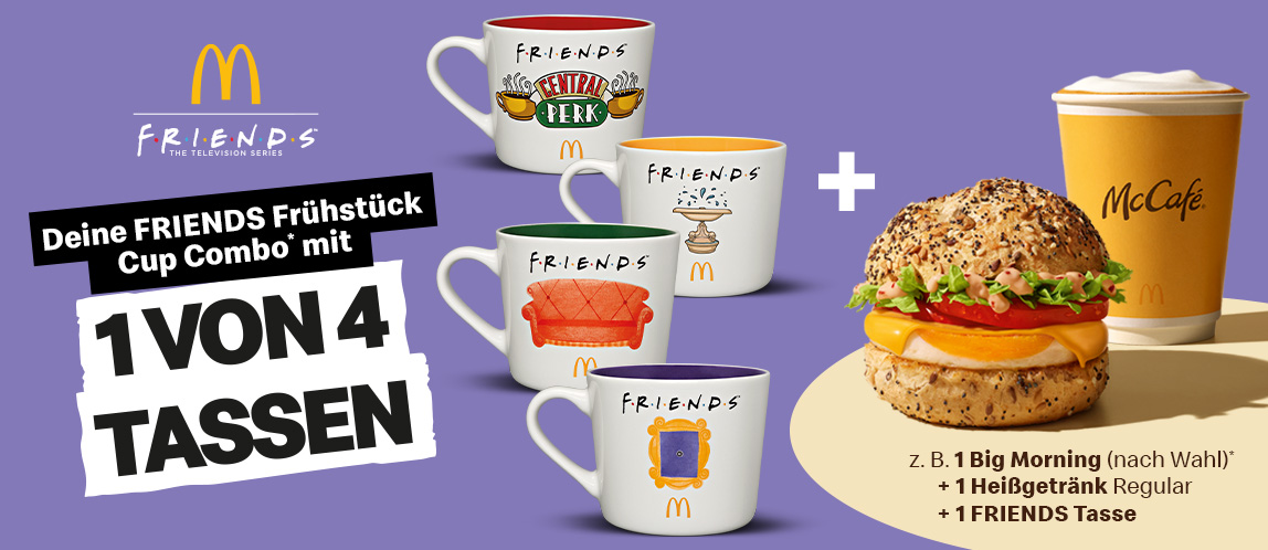 Das Bild zeigt die vier Friends Kaffeetassen plus einem McCafé® und Big Morning als Beispiel für die FRIENDS Frühstück Cup Combo