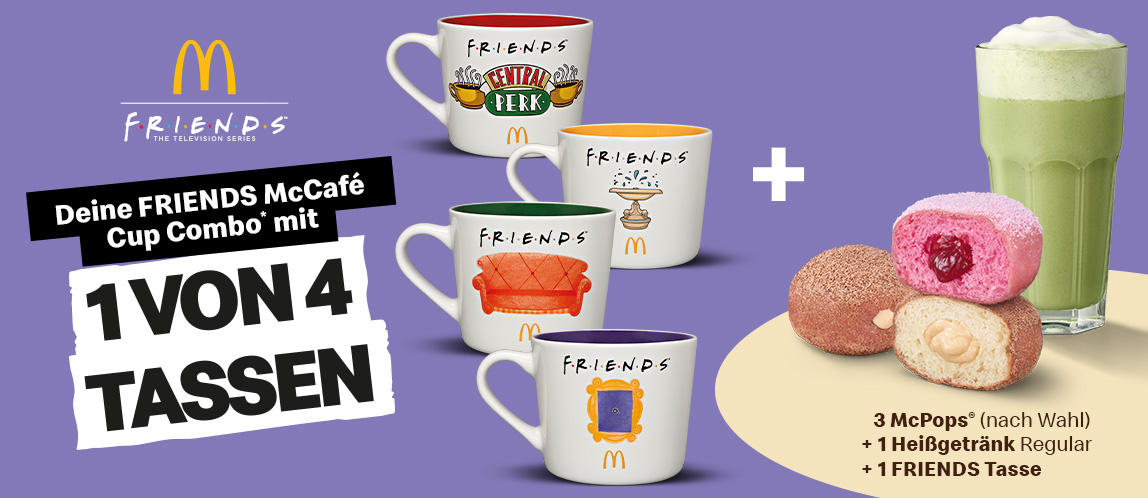 Das Bild zeigt die vier Friends Kaffeetassen plus drei McPops und einem Heißgetränk als die FRIENDS McCafé® Cup Combo