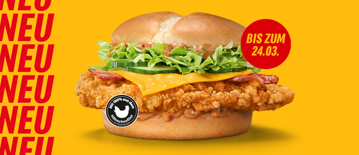 Neu: Der McCrispy® Korean Style mit dem Störer "bis zum 24.03." und Hinweis "Mit 100 % aus dem Hähnchenfilet im Fleischanteil"
