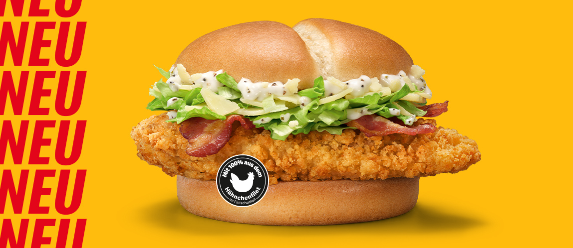 Neu: Der McCrispy® Caesar Bacon mit dem Hinweis "Mit 100 % aus dem Hähnchenfilet im Fleischanteil"