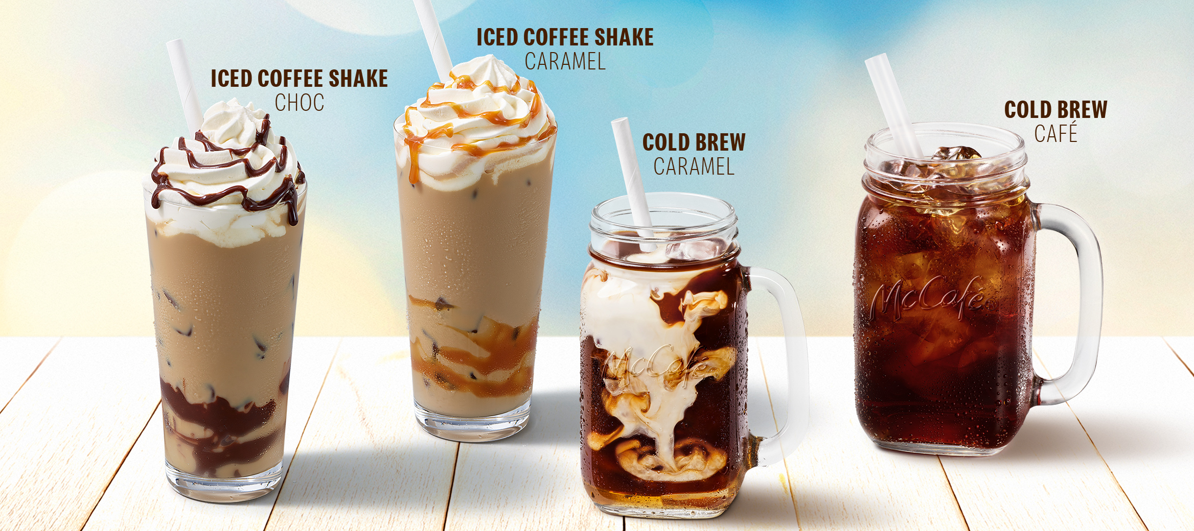Iced Coffee Shake Choc, Iced Coffee Shake Caramel, Cold Brew Caramel Latte, Cold Brew Café