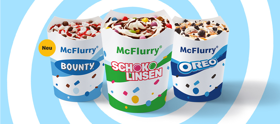 McFlurry® Frozen Yogurt mit BOUNTY® und Erdbeer-Sauce, McFlurry® Original mit Schokolinsen und Schoko-Sauce und der McFlurry® Original mit OREO® und Karamell-Sauce